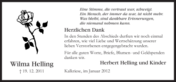 Traueranzeige von Wilma Helling von Neue Osnabrücker Zeitung