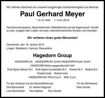 Traueranzeige von Paul Gerhard Meyer von Neue Osnabrücker Zeitung