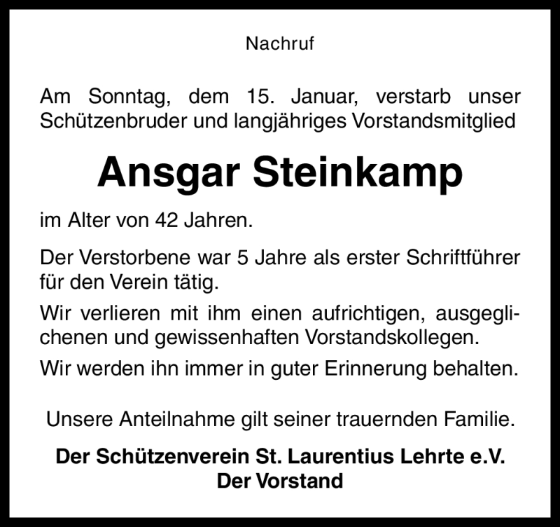  Traueranzeige für Ansgar Steinkamp vom 21.01.2012 aus Neue Osnabrücker Zeitung