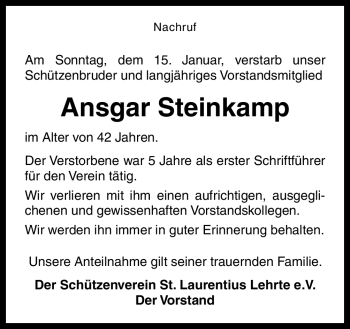 Traueranzeige von Ansgar Steinkamp von Neue Osnabrücker Zeitung