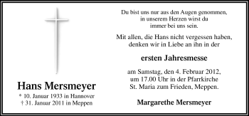 Traueranzeige von Hans Mersmeyer von Neue Osnabrücker Zeitung