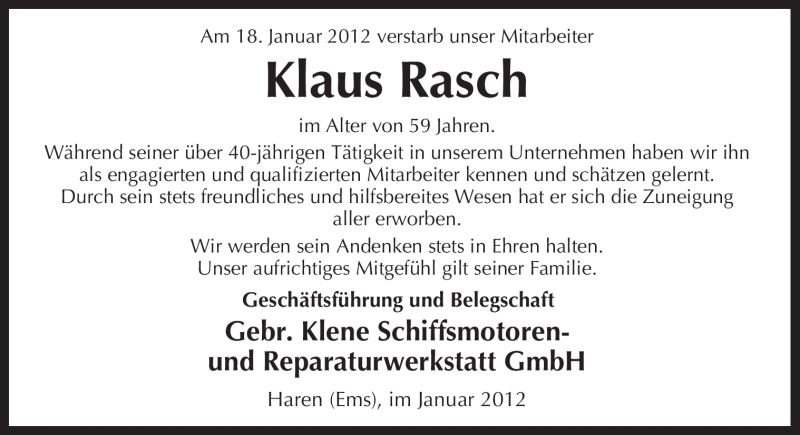  Traueranzeige für Klaus Rasch vom 20.01.2012 aus Neue Osnabrücker Zeitung