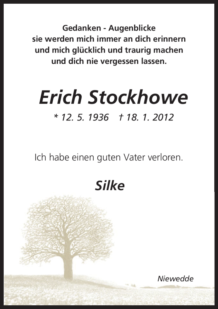  Traueranzeige für Erich Stockhowe vom 19.01.2012 aus Neue Osnabrücker Zeitung