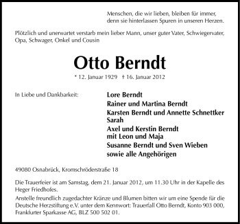 Traueranzeige von Otto Berndt von Neue Osnabrücker Zeitung