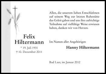 Traueranzeige von Felix Hiltermann von Neue Osnabrücker Zeitung