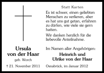 Traueranzeige von Ursula von der Haar von Neue Osnabrücker Zeitung