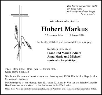 Traueranzeige von Hubert Markus von Neue Osnabrücker Zeitung