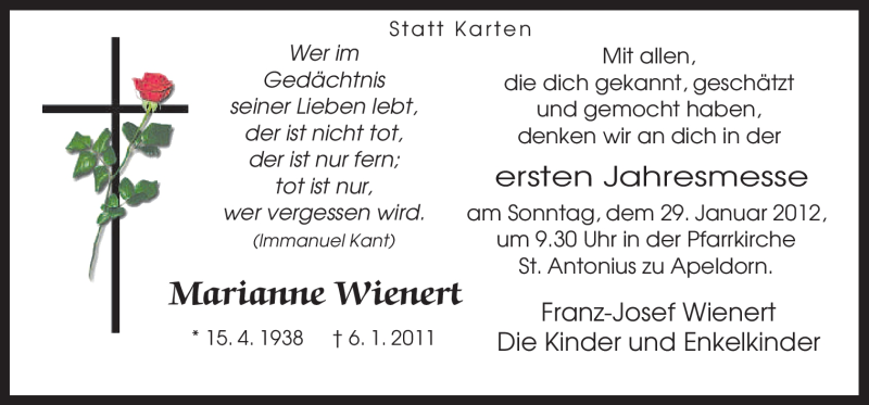  Traueranzeige für Marianne Wienert vom 26.01.2012 aus Neue Osnabrücker Zeitung