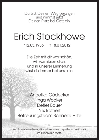 Traueranzeige von Erich Stockhowe von Neue Osnabrücker Zeitung