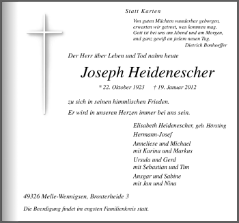 Traueranzeige von Joseph Heidenescher von Neue Osnabrücker Zeitung