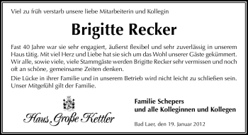 Traueranzeige von Brigitte Recker von Neue Osnabrücker Zeitung