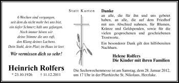 Traueranzeige von Heinrich Rolfers von Neue Osnabrücker Zeitung