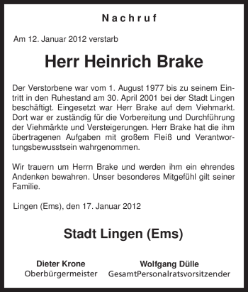 Traueranzeige von Heinrich Brake von Neue Osnabrücker Zeitung