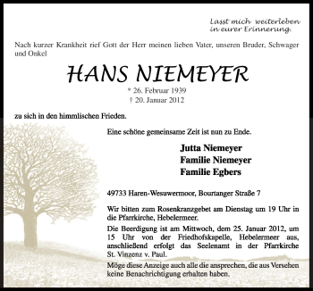 Traueranzeige von Hans Niemeyer von Neue Osnabrücker Zeitung
