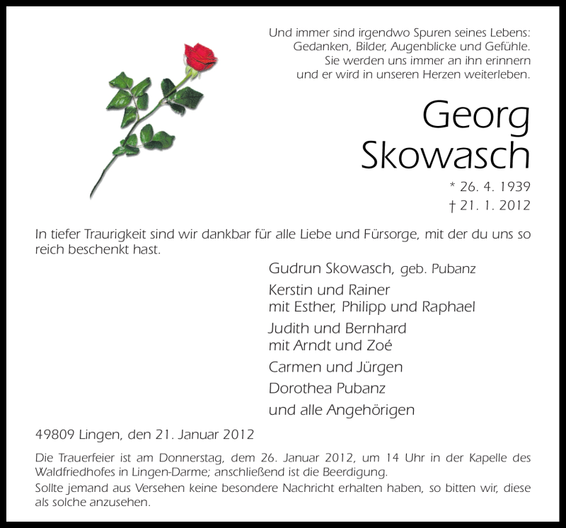  Traueranzeige für Georg Skowasch vom 23.01.2012 aus Neue Osnabrücker Zeitung