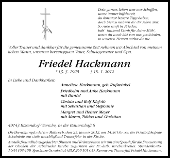 Traueranzeige von Friedel Hackmann von Neue Osnabrücker Zeitung