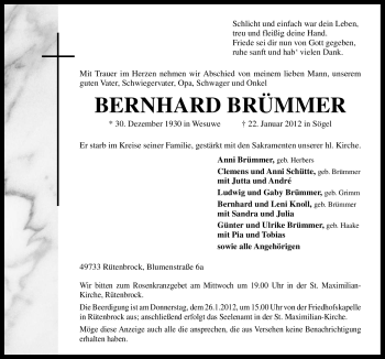 Traueranzeige von Bernhard Brümmer von Neue Osnabrücker Zeitung