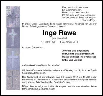 Traueranzeige von Inge Rawe von Neue Osnabrücker Zeitung