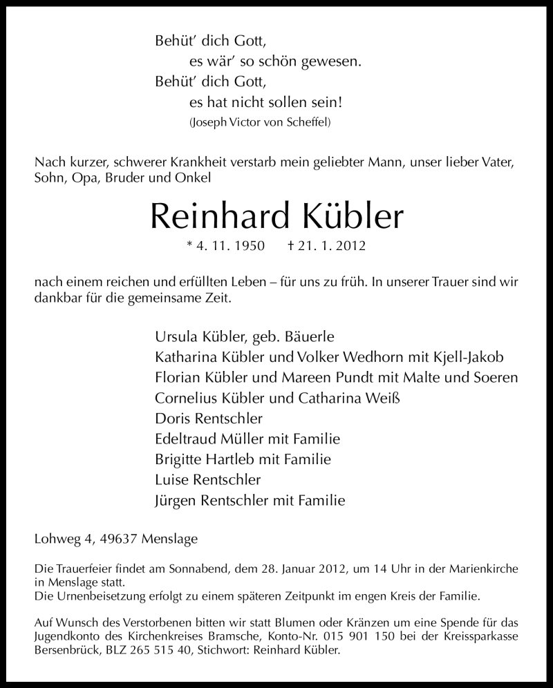  Traueranzeige für Reinhard Kübler vom 24.01.2012 aus Neue Osnabrücker Zeitung