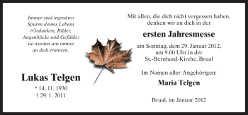 Traueranzeige von Lukas Telgen von Neue Osnabrücker Zeitung