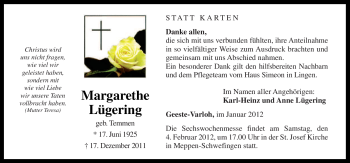 Traueranzeige von Margarethe Lügering von Neue Osnabrücker Zeitung