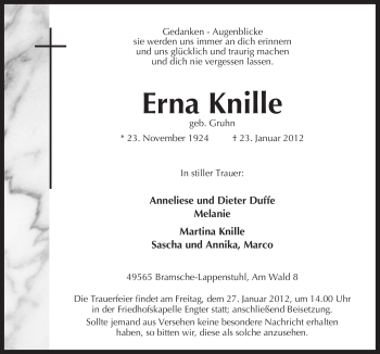 Traueranzeige von Erna Knille von Neue Osnabrücker Zeitung