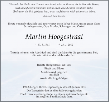 Traueranzeige von Martin Hoogestraat von Neue Osnabrücker Zeitung