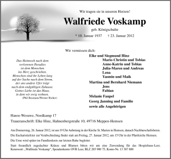 Traueranzeige von Walfriede Voskamp von Neue Osnabrücker Zeitung