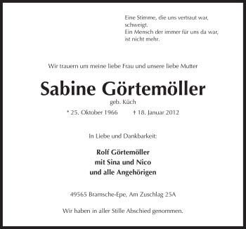 Traueranzeige von Sabine Görtemöller von Neue Osnabrücker Zeitung