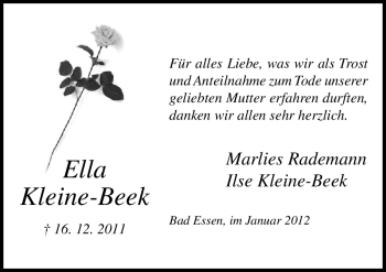 Traueranzeige von Ella Kleine-Beek von Neue Osnabrücker Zeitung