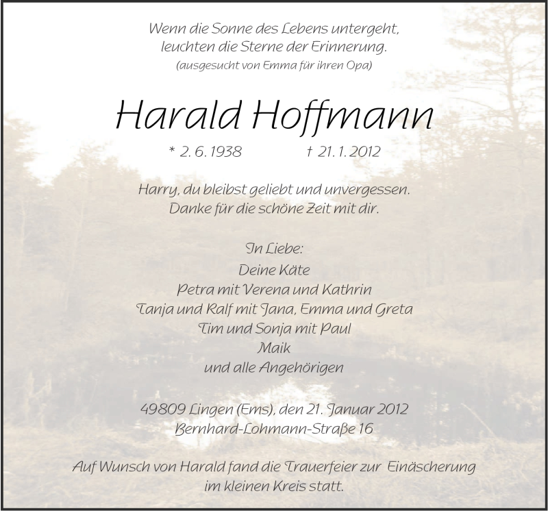  Traueranzeige für Harald Hoffmann vom 26.01.2012 aus Neue Osnabrücker Zeitung