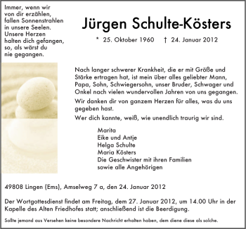 Traueranzeige von Jürgen Schulte-Kösters von Neue Osnabrücker Zeitung