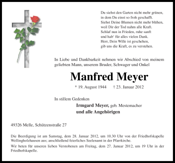 Traueranzeige von Manfred Meyer von Neue Osnabrücker Zeitung