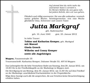 Traueranzeige von Jutta Markgraf von Neue Osnabrücker Zeitung