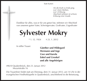 Traueranzeige von Sylvester Mokry von Neue Osnabrücker Zeitung