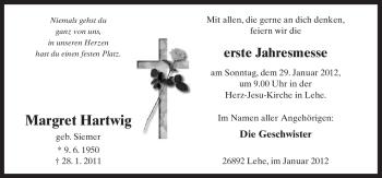 Traueranzeige von Margret Hartwig von Neue Osnabrücker Zeitung