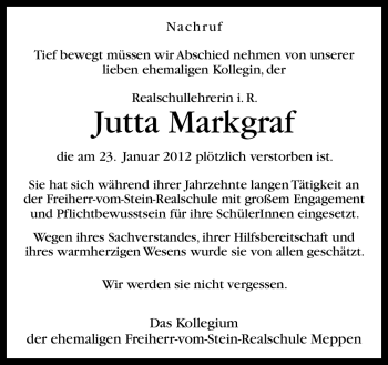 Traueranzeige von Jutta Markgraf von Neue Osnabrücker Zeitung