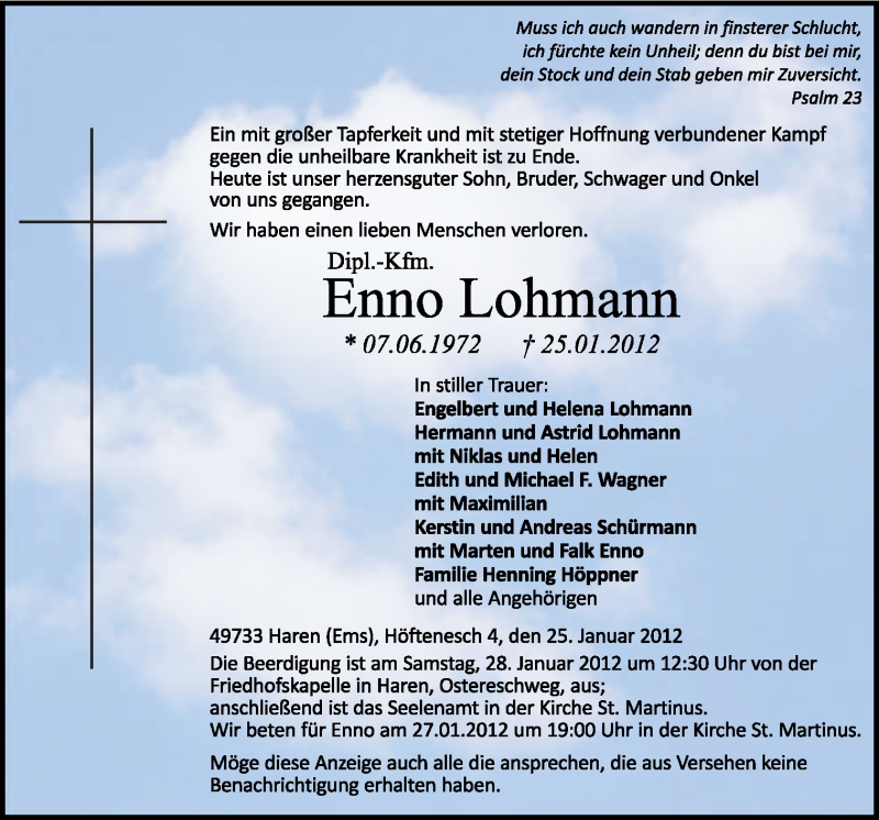  Traueranzeige für Enno Lohmann vom 27.01.2012 aus Neue Osnabrücker Zeitung