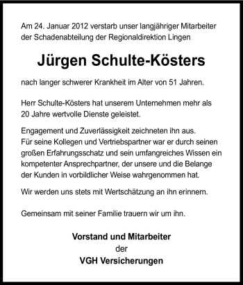 Traueranzeige von Jürgen Schulte-Kösters von Neue Osnabrücker Zeitung
