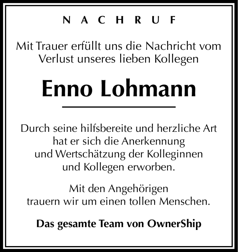  Traueranzeige für Enno Lohmann vom 28.01.2012 aus Neue Osnabrücker Zeitung