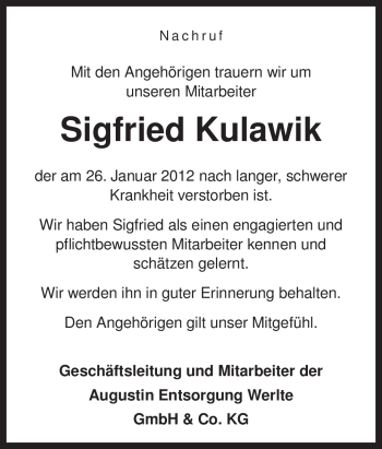Traueranzeige von Sigfried Kulawik von Neue Osnabrücker Zeitung