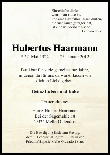 Traueranzeige von Hubertus Haarmann von Neue Osnabrücker Zeitung