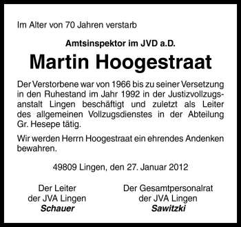 Traueranzeige von Martin Hoogestraat von Neue Osnabrücker Zeitung