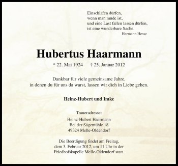 Traueranzeige von Hubertus Haarmann von Neue Osnabrücker Zeitung