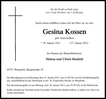 Traueranzeige von Gesina Kossen von Neue Osnabrücker Zeitung