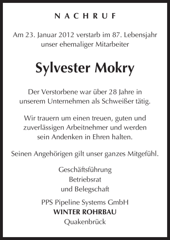Traueranzeige von Sylvester Mokry von Neue Osnabrücker Zeitung