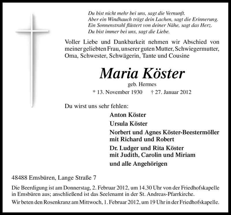  Traueranzeige für Maria Köster vom 30.01.2012 aus Neue Osnabrücker Zeitung