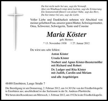 Traueranzeige von Maria Köster von Neue Osnabrücker Zeitung