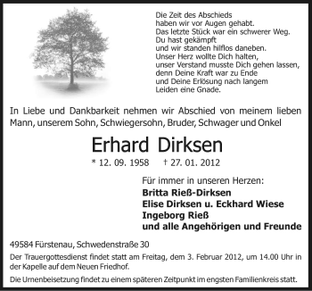 Traueranzeige von Erhard Dirksen von Neue Osnabrücker Zeitung