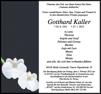 Traueranzeige von Gotthard Kaller von Neue Osnabrücker Zeitung
